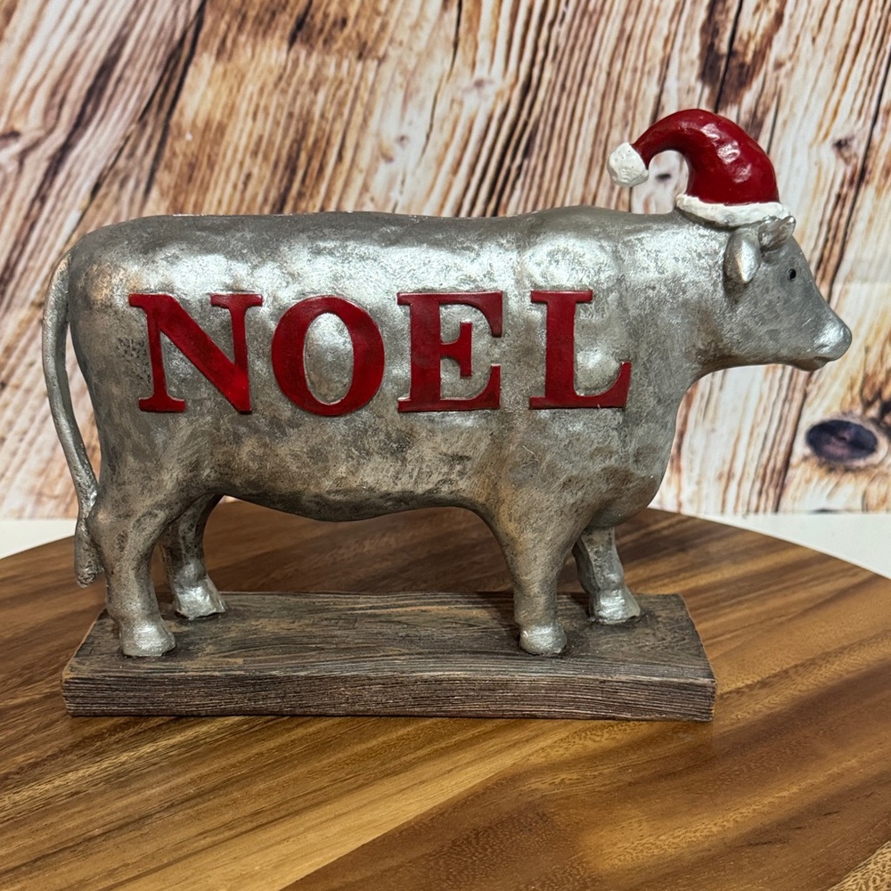 Silver and Red Noel Holiday Cow Figurine